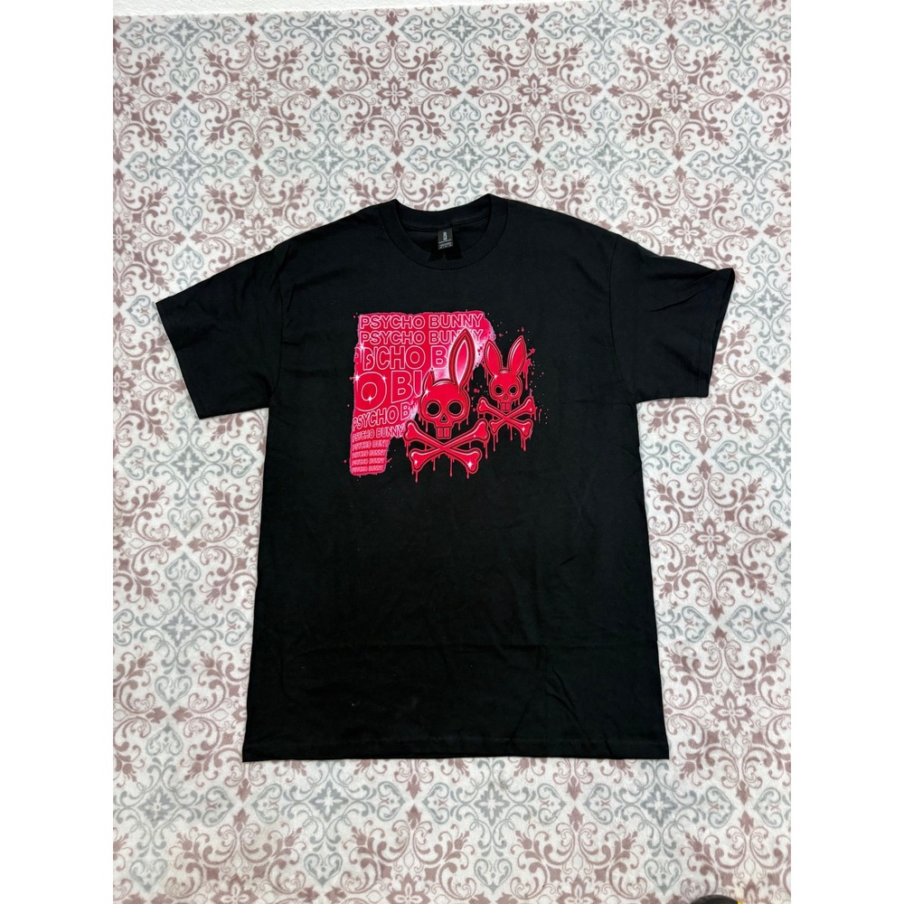 Psycho Bunny Mens Graphic T-Shirt Black Pink Skull Crossbones Logo Gildan Medium